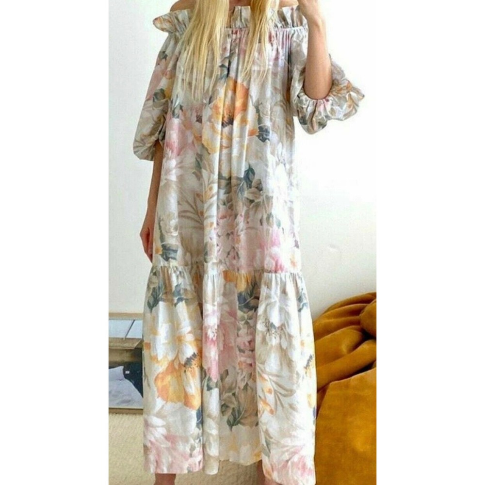 HM Floral Off The Shoulder Puff Sleeve Tiered Midi Dress Pastel Yellow Pink S